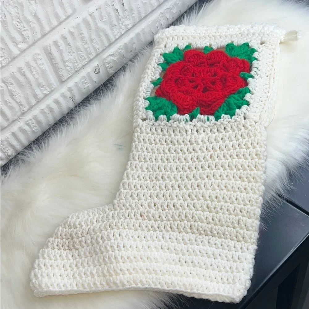 Crochet Christmas Stocking with Red Flower Handmade